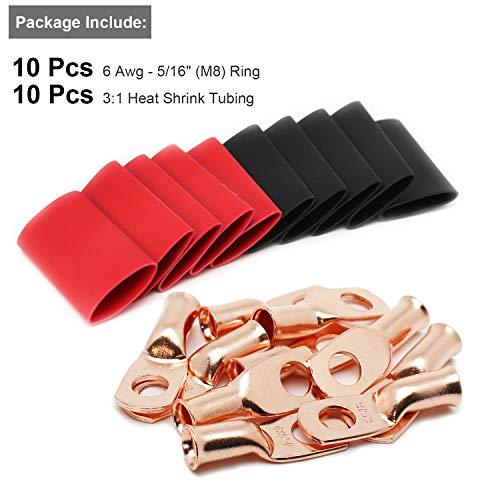 Image of 10pcs 6 AWG-5 /16 inch Battery Lugs,Copper Wire Lugs,UL Listed Heavy Duty Battery Cable Ends,Tubular Ring Terminals,AWG Crimp Wire Ring Lugs,Battery Terminal Connectors with 3:1 Heat Shrink Tubing