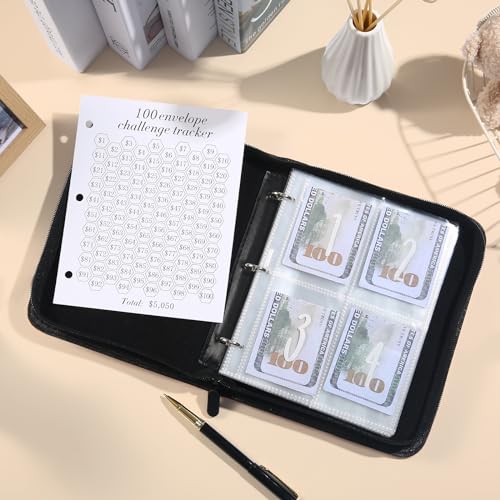 100 Envelopes Money Saving Challenge Binder with Laminated Tracker, Money Saving Challenge Budget Binder with Cash Envelopes, Savings Challenge Book with Zippe to Save $5,050 (Yellow)
