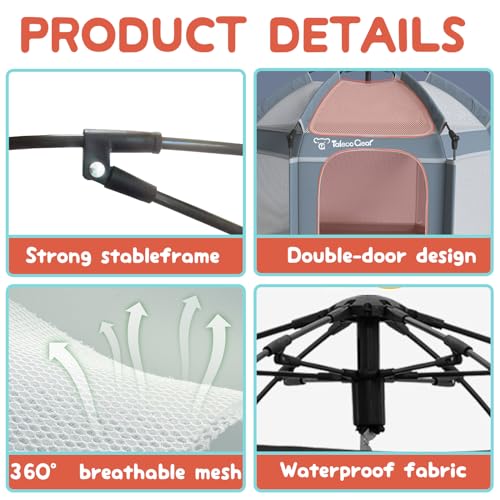Baby Playpen with Canopy, Portable Indoor & Outdoor for Baby and Toddler, Foldable Pop up Playpen, Play Yard with Travel Bag, 6 Ground Stakes, 6 Sand Stakes