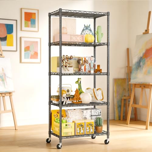 Image of REGILLER 5-Wire Shelving Metal Storage Rack Adjustable Shelves,Standing Storage Shelf Units for Laundry Bathroom Kitchen Pantry Closet(Black,11.8 inch D x 21.2 inch W x 55 inch H,With Wheels)
