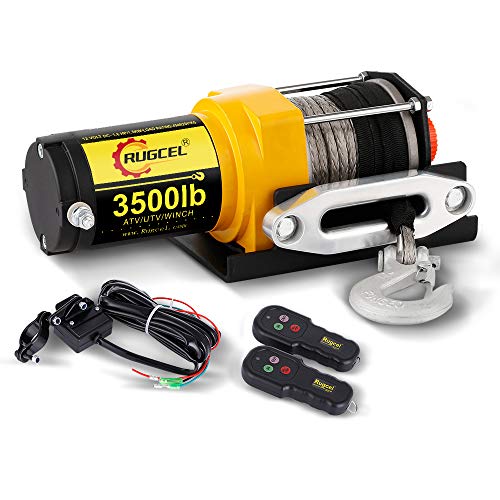 RUGCEL WINCH 12V Electric Winch 3500lb Load Capacity Waterproof ATV/UTV Winch Kit with Synthetic Rope, 1 Hawse Fairlead, 2 Wireless Remote Controllers