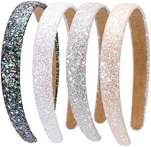 BOMTTY 4 Pcs Glitter Headbands, Sparkly Headband Plastic Hair Hoop Glitter Hairbands for Girls and Women (Black+White+Grey+Beige)