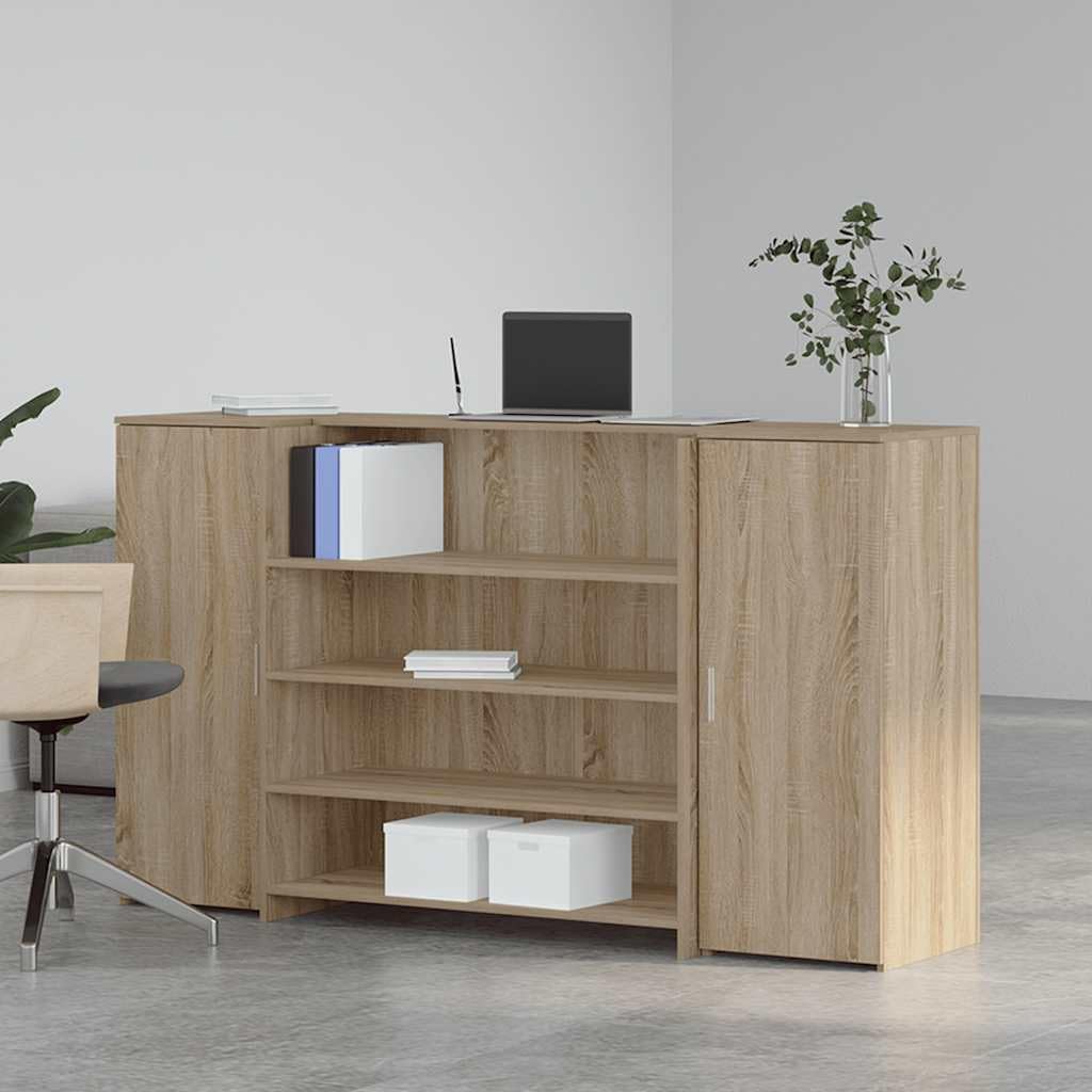 Mesita de recepción de roble Sonoma, 180 x 50 x 103,5 cm, material de madera con espacio de almacenamiento, armario auxiliar y compartimento de almacenamiento para oficina, oficina en casa
