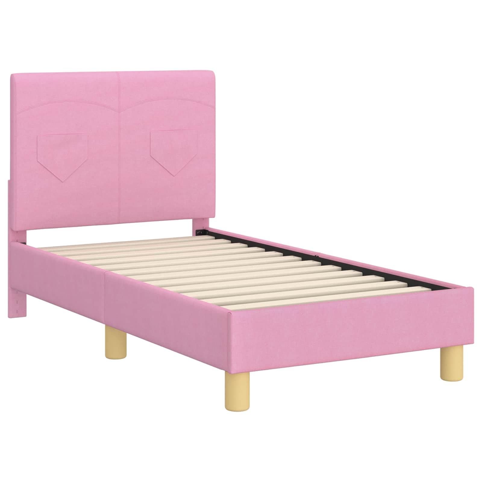 Kinderbettgestell mit Kopfteil Rosa 70 x 140 cm Stoff Holzrahmen Langlebig Modern Platzsparend Kinderbett mit Lattenrost und Stauraum für kleine Schlafzimmer