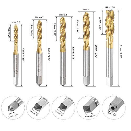 Uxcell M3 M4 M5 M6 M8 Spiral Flute Taps Set Titanium Coated High-Speed Steel Machine Thread Metric Screw Taps 5Pcs #TOP1