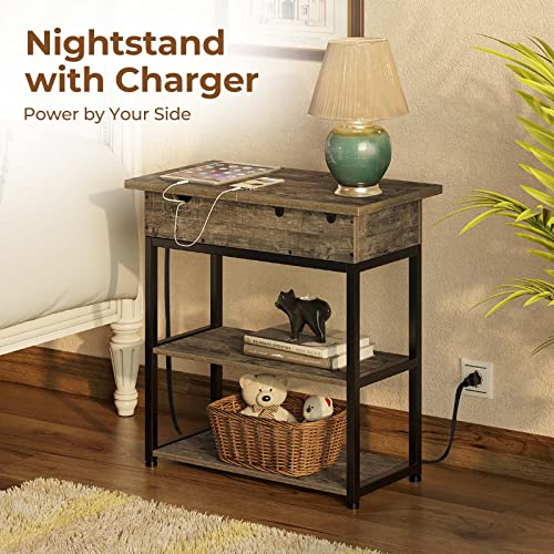 Rolanstar End Table With Charging Station, Narrow Nightstand, Flip Top Side Table With Usb Ports And Storage Shelves, End Tables Living Room Set Of 2 For Small Spaces, Bedroom (Grey) #TOP4