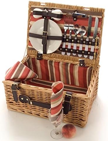 La Roca 2 Person Wicker Picnic Hamper Red By, Wicker Picnic Basket, With Ceramic Plates, Glasses And Cutlery