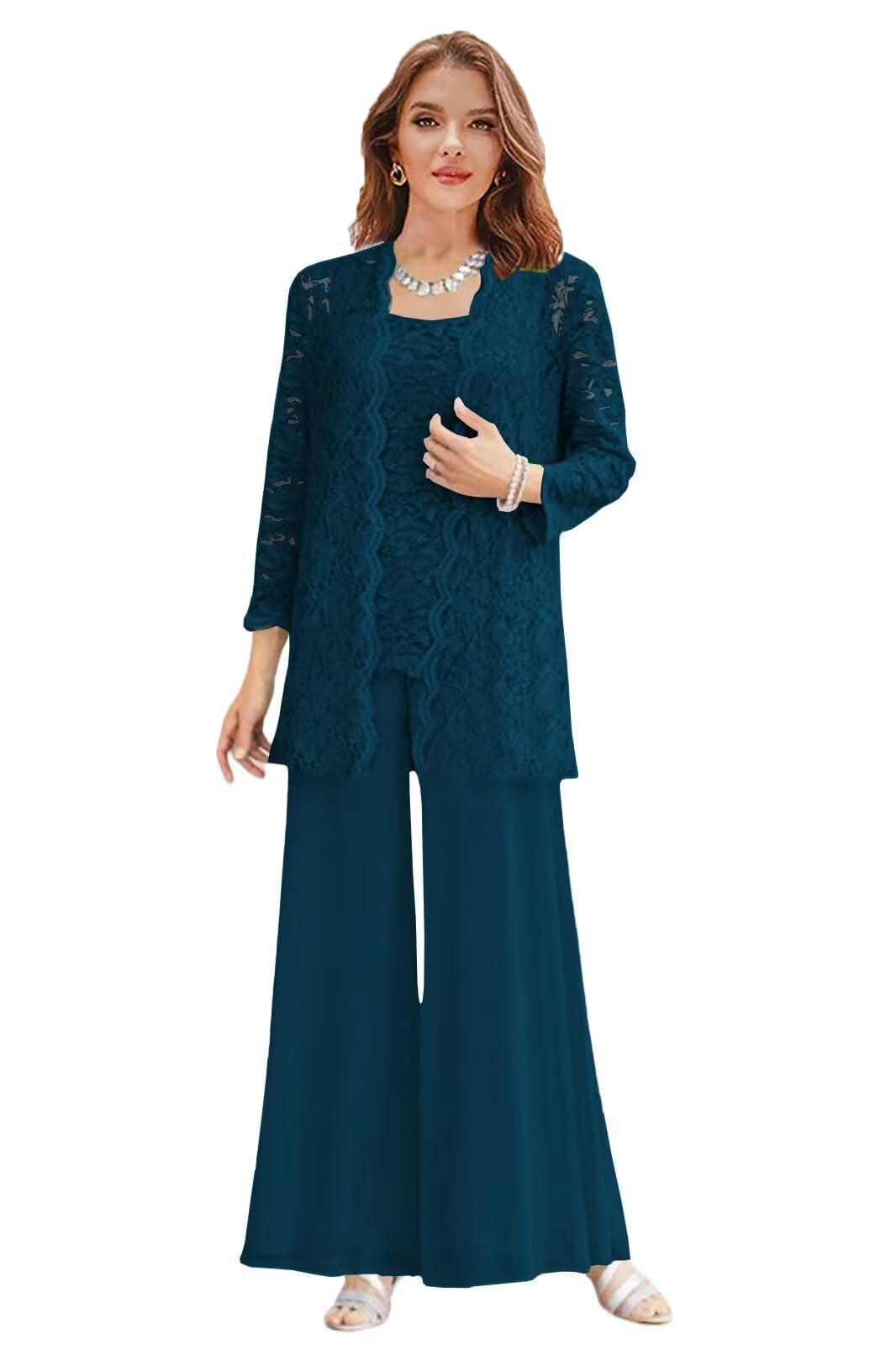 3 Piece Mother of The Bride Pantsuits Chiffon Applique Formal Cocktail Pant Suits for Weddings with Jacket