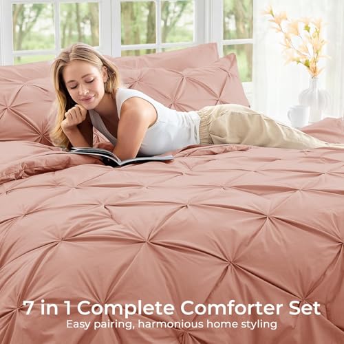 Image of Sasttie King Size Comforter Set, 7-Piece Bed in a Bag, Pintuck Bedding Set for All Season, Includes Comforter, Flat Sheet, Fitted Sheet, Pillowcases and Pillowshams, Blush