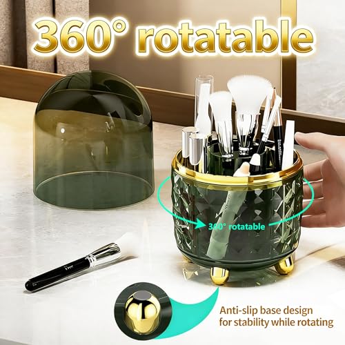 Image of GOTOBA 360 Rotating Pencil Holder for Desk, Makeup Brush Holder with 6 Slots, Desk Organizer for Writing Utensil, Office and School Supplies (Green with cover)