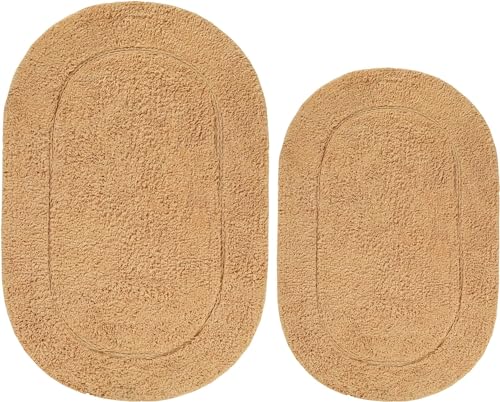 Superior Non-Slip 2 Piece Bath Rug Set, Ultra Plush, Soft and Absorbent 100% Combed Cotton Pile - Traditional Oval Bath Mat Set, Toast