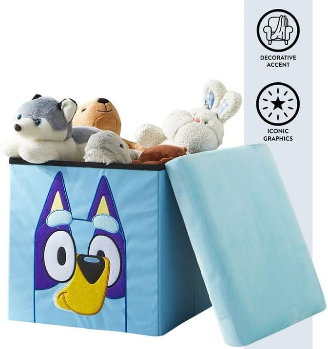 Bluey Collapsible Storage Ottoman Cube with Lid, Blue Plush Seat Storage Box Organizer for Kids Bedroom, Playroom, Closet & Living Room,15"x15"