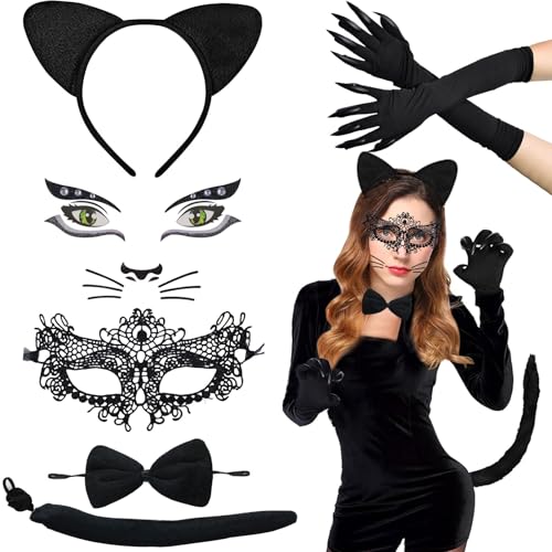6 Stück Katzenkostüm Damen,Katzenohren Haarreif,Katzenkostüm,Kostüm Katze Damen,Katze Kostüm Damens mit Katzenschwanz,Spitzenbesetzte Augenmaske Handschuhe Aufkleber für Karneval,Kostümfest,Cosplay