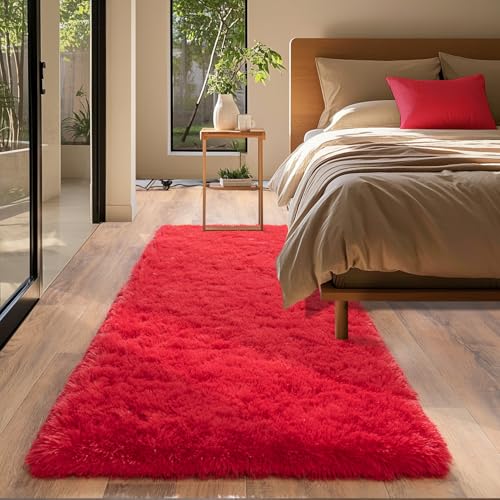 Soft Fluffy Rugs for Bedroom, 2x6 Feet, Red Runner Faux Fur Area Rug - Plush Non-Slip Shag Shaggy Carpet for Bedroom, Kids Boys Girls Dorm Nursery Room