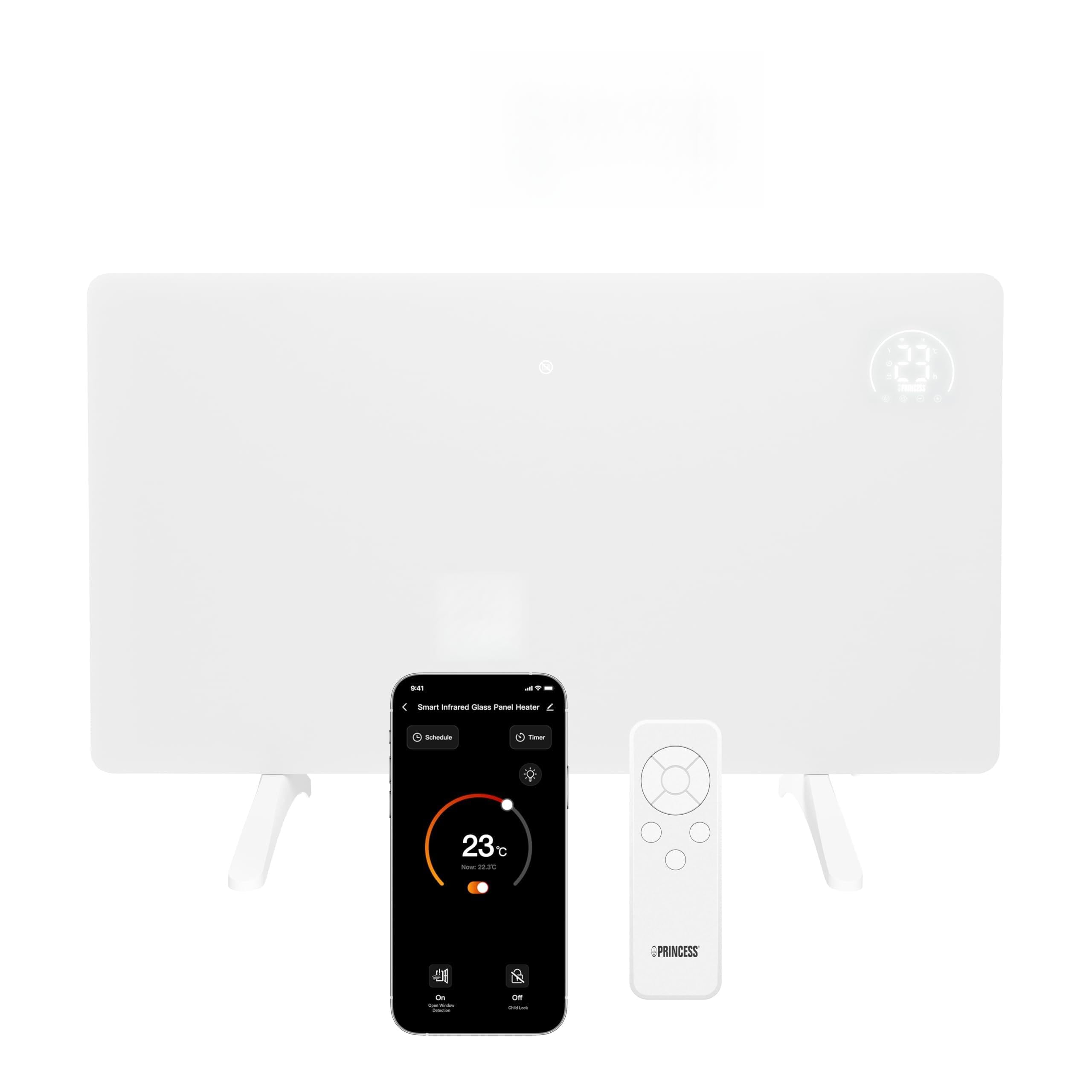 Princess grzejnik na podczerwień, grzejnik ścienny, 480 W, termostat regulowany do 50°C, timer 24-godzinny, programowanie tygodniowe (kolor biały)