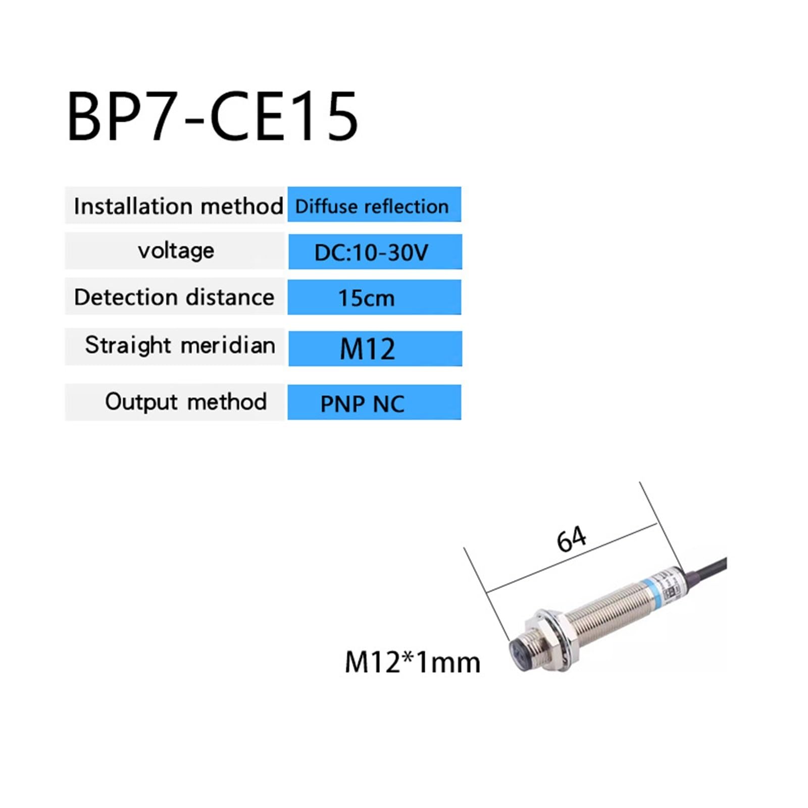 1 x czujnik przełącznika M12 z odbiciem rozproszonym NPN PNP DC12-24V, odległość wykrywania 15 cm, regulowany NO/NC(15 cm PNP NC)