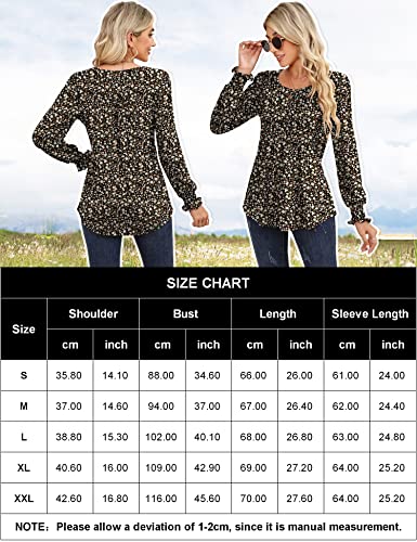Rapbin Women Blouses For Work Long Sleeve Blouses Crew Neck Smocked Shirt Comfort Casual Fall Tshirts(Black Floral,S) #TOP4