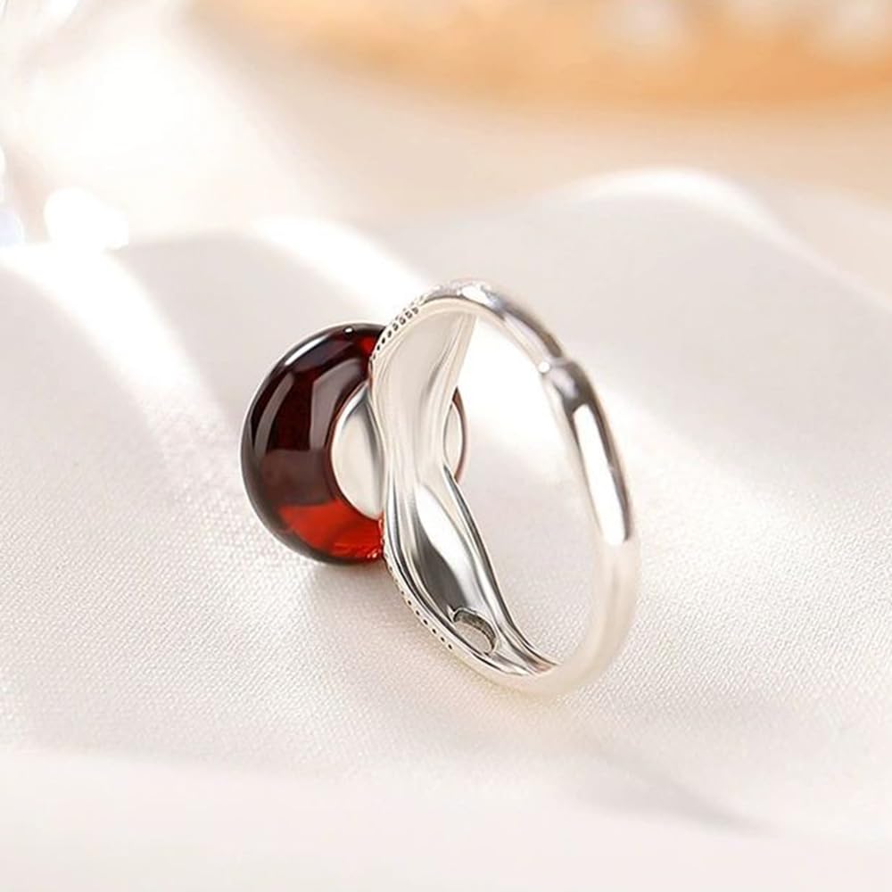 HMJGDHX S925-Silber mit natürlichem rotem Bernstein, Cloisonné-Lotusblume, Ping-An-Schnalle-Ring (verstellbare Öffnung), Ring für Damen, echte Jade