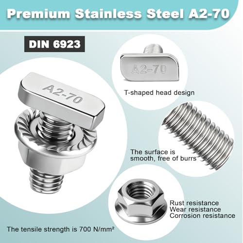 PDKKFF 16 Stück Hammerkopfschrauben M8x20 Edelstahl A2-70, Hammerkopfschraube mit Sperrzahnmuttern Flanschmuttern M6, T-Schrauben für PV Solar Montageschienen, Aluprofil für Photovoltaik, Gewächshaus