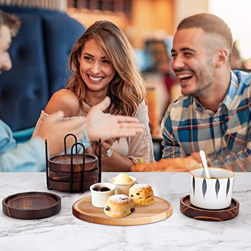 6Pcs Wooden Coasters for Drink-Acacia Wood Drink Coasters Set with Holder for Coffee Table Decor,Modern Cup Coaster for Kitchen Accessories Cute Beer Bar Decorative Rustic Outdoor Coasters