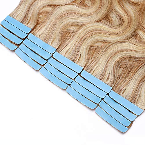 Hairro Remy Tape In Hair Extensions 16 Inch 20Pcs 50G Wavy Human Hair Highlight Body Wave Hair Seamless Skin Weft Glue In Human Hairpieces 2 Tones Balayage #18/613 Ash Blonde Mix Bleach Blonde #TOP3