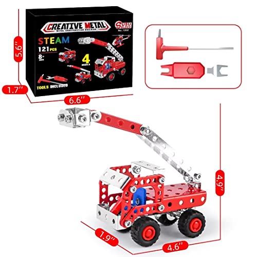 Ferthor Fun Stem Building Toys For Boys Age 8-12,Erector Set Fire Trucks Series Model Kit,Assembly Toys For Kids，Metal Building Educational Toys Set Gifts For Model 4 In 1 Fire Fighting Cars(121Pcs) #TOP5