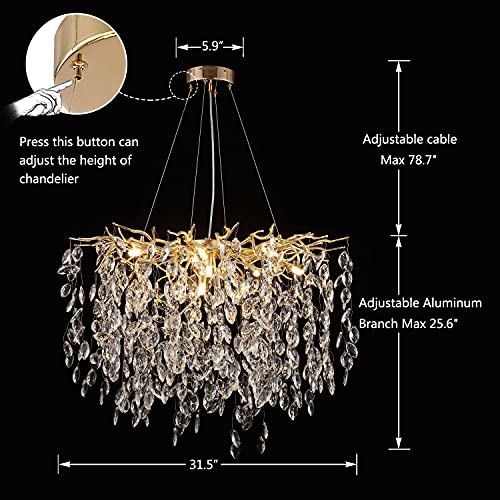 Akeelighting Gold Crystal Chandelier Modern Tree Branch Chandeliers Luxury Raindrop Ceiling Lighting Fixture For High Ceiling Dining Room Foyer Living Room 31.5" #TOP1