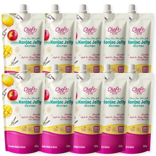 Chef’s Gim Konjak-Getränkegelee | 10er Set à 150g | Vegan, Kalorienarm, zuckerfrei & ballaststoffreich | 3 Sorten: Pfirsich-Schwarztee, Kamille-Litschi, Lavendel-Apfel-Mango (Lavendel-Apfel-Mango)