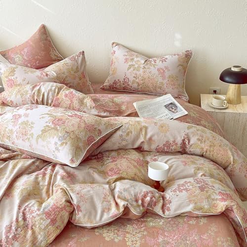 Image of VM VOUGEMARKET Vintage Floral Double Gauze Duvet Cover Set Queen - Blush Peach Jacquard, Reversible Breathable Cotton Bedding, Rustic Pastoral Style for Cozy Family Bedrooms