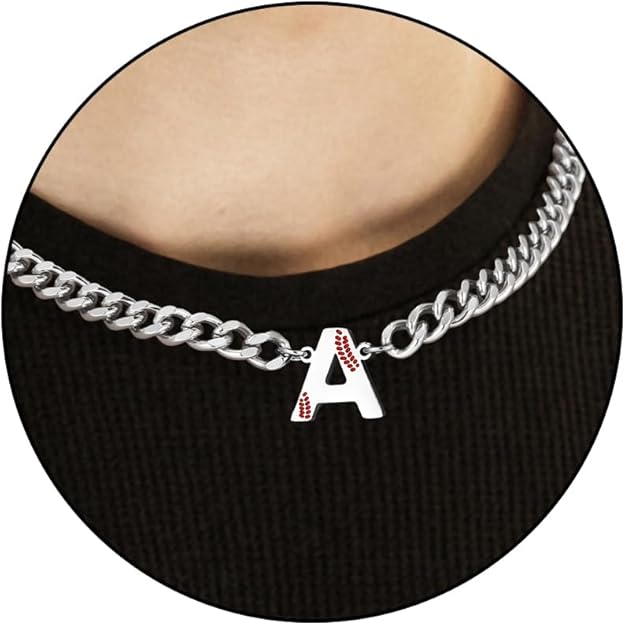 Baseball Necklaces for Boys Stainless Steel Initial Necklace with Letter A-Z 6.5mm Cuban Chain Adjustable Gifts for Men Boys 16+2 Inches
