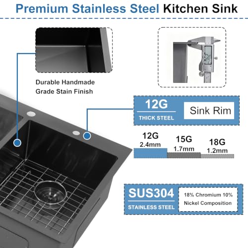 Image of SHACO 33x22 Inch 50 /50 Double Bowl Black Drop In Kitchen Sink, 33 Inch Gunmetal Black 16 Gauge Stainless Steel Top Mount Kitchen Sink with Grid and Accessories