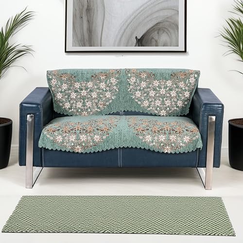 Image of Premium Chenille Woven Anti-Slip 2 Seater Sofa Cover | L-Shape Sofa Seat Protector for Living Room | Durable & Stylish Slipcover - Teal Phoolkari