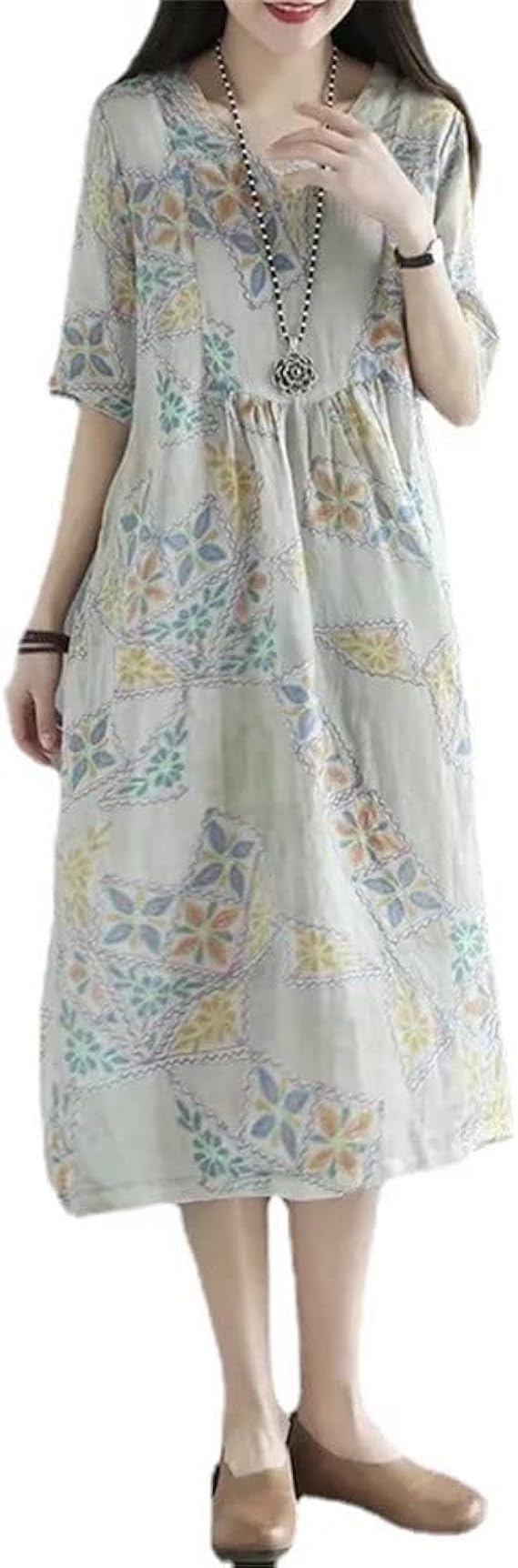 Amazon Co Jp Exsaupy ワンピース レディース 半袖 ドレス 花柄 ミモレ丈 チュニック トップス Aライン 麻ワンピ 花柄 可愛い ロングワンピース ナチュラル シンプル リネンワンピース Vネック 膝丈 Aラインドレス 綿麻 涼しい 爽やか 大きいサイズ 服 ファッション小物