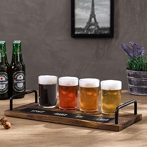 Mygift Beer Tasting Glasses And Wooden Fight Board Set Includes 4 Beer Glasses And Rustic Burnt Brown Wood Serving Tray With Metal Handles And Chalkboard Label #TOP2
