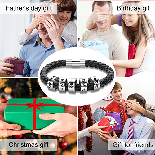 Bauma Auto Personalized Black Braid Leather Bracelets With 1-6 Engraved Name Beads Mens Custom Bracelet For Father's Day Dad #TOP5
