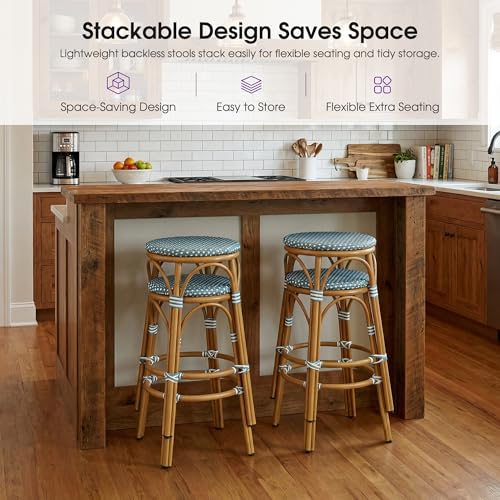 Image of PURPLE LEAF Outdoor French Round Bar Stool Set of 2 Large 30 inch Armless Handwoven Rattan Wicker Barstools with Bamboo Print Aluminum Frame Footrest for Patio Restaurant Bistro Soft Blue