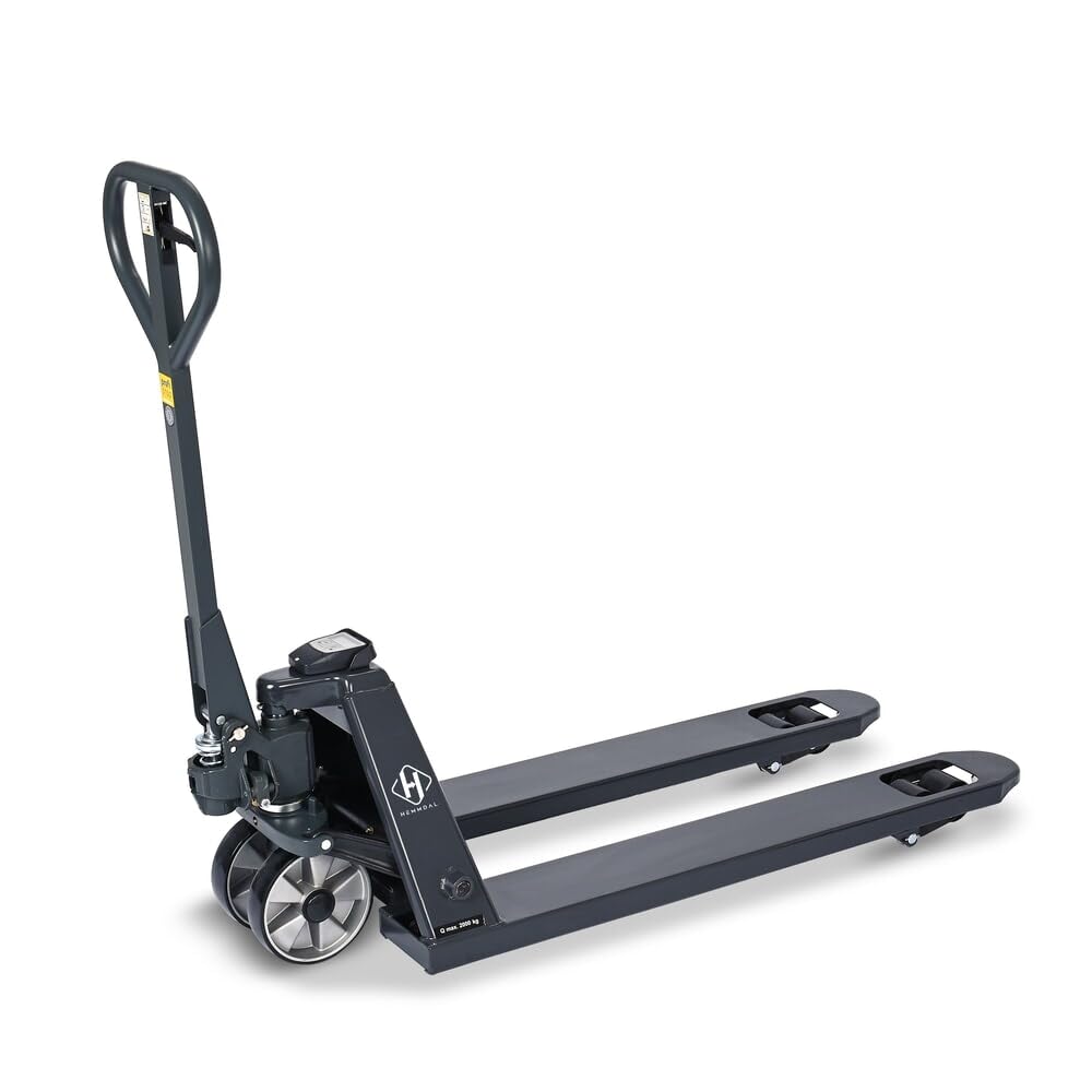 HEMMDAL Hubwagen PTM mit Waage | Display mit 5 kg Schritten | 2.000 kg Tragkraft | 1.150 mm Gabellänge | Polyurethan Lenkrad | Polyurethan Tandem-Gabelrollen | Wiegehubwagen