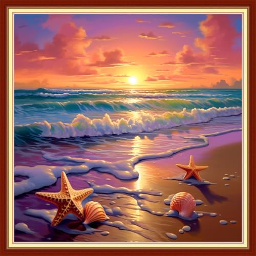 Image of Redxing Stamped Cross Stitch Kits Embroidery kit for Beginners Adults Full Range of Embroidery Patterns Starter Kits DIY Printed Cross Stitch Kits Needlepoint Kits 11CT-Sunrise by Sea 18x18 inchs