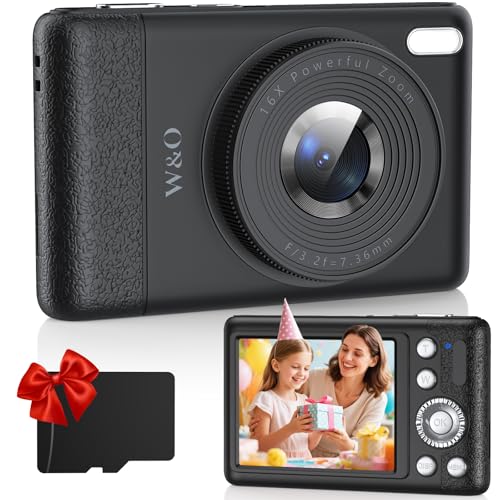 W & O Digital Camera,Kids Camera,Point and Shoot Digital Cameras for Kids, with 2.8' LCD Screen,16X Zoom,Built-in Game & SD Card, for Boys & Girls(Black)