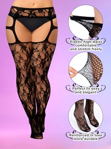 Image of Jadive 6 Pairs Women Plus Size Suspender Tights Fishnet Thigh High Stockings Garter Belt Lingerie Pantyhose