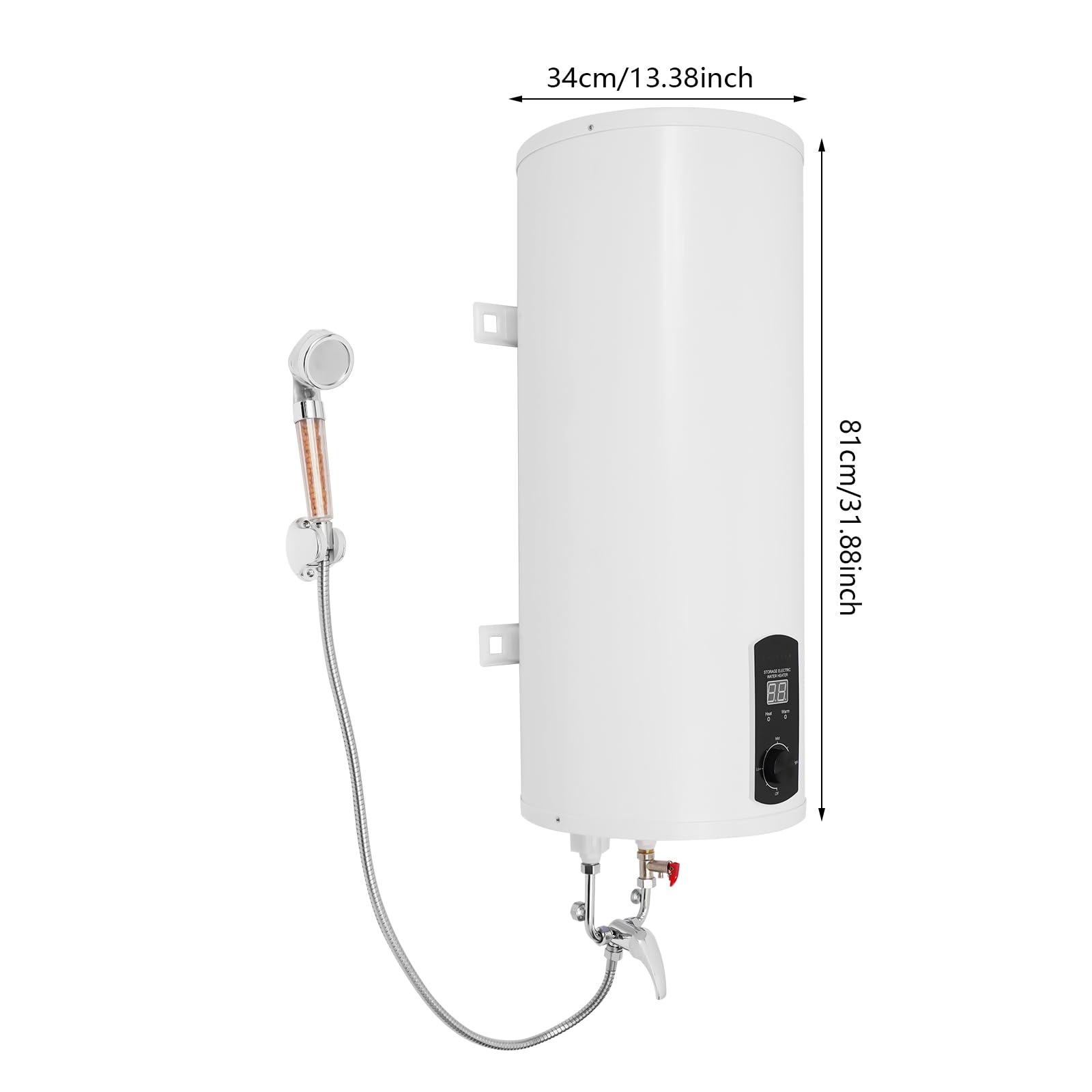 Scaldabagno 60 l, 2000 W, indicatore di temperatura, 25-75 °C, bianco | Con doccetta, rubinetto e 3 tubi, montaggio a parete verticale, connettore G1/2 e spina UE per bagno, cucina e salone