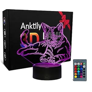 Veilleuse Chat 3D LED Lampe Optique Illusion Veilleuse Enfant Lampe de Chevet Table Bureau Cadeaux Pour Filles Garçons 16 Couleurs avec Télécommande