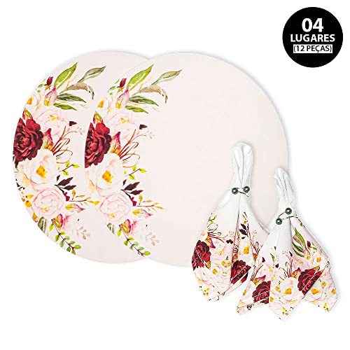 Kit Mesa Posta Sousplat 4 Lugares 12 Pçs Micropercal 200 Fios Floral (Capa+Guardanapo+Abraçadeira)