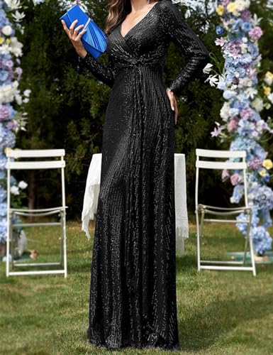 Image of Long Sleeve Sequin Dress For Women Formal Gowns Sparkly V Neck Maxi Dress