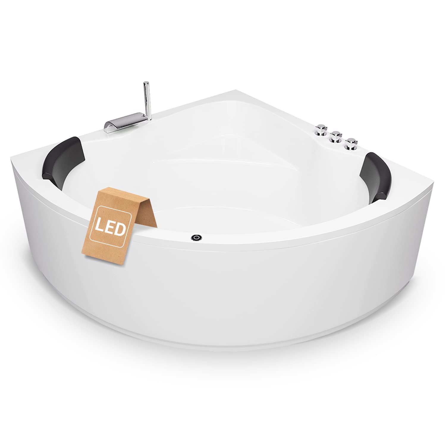 Badewanne 150x150 cm Eckbadewanne Komplettset inkl. Untergestell Ab-Überlauf Schürze Extra stabile Badewanne mit Wannenrandarmatur, LED und 2xNackenkissen Model: Koblenz