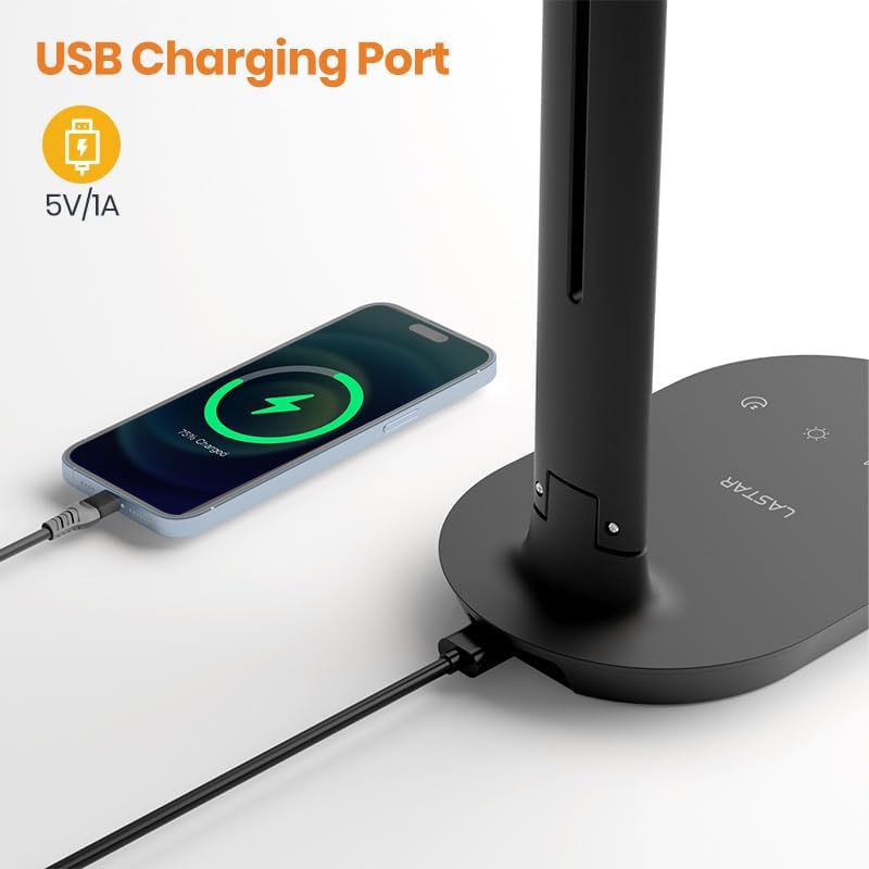 Close-up of LASTAR Desk Lamp USB charging port with a phone connected