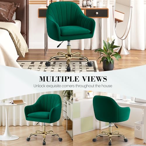 Image of Vanity Chair with Wheels, Comfy Home Office Desk Chairs Adjustable Modern Velvet Makeup Vanity Chairs for Bedroom Living Room-Green