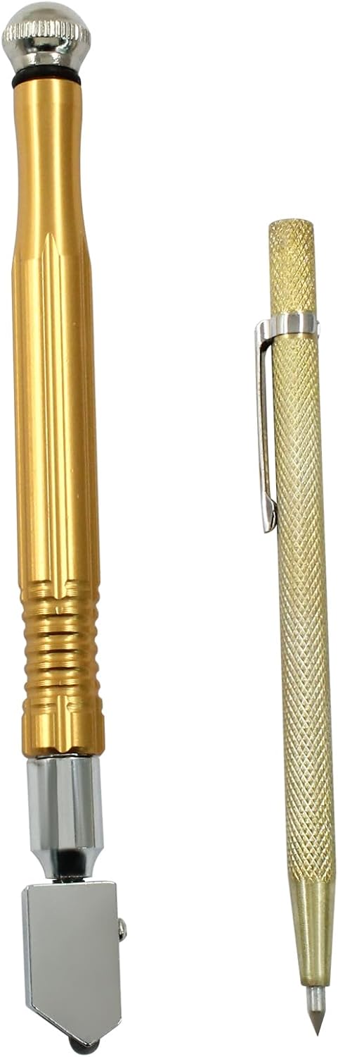 LDEXIN Glass Cutter Kit, Tungsten Scribe Engraving Pen, Pencil Design Glass Cutting Tool for Glass Processing, Craft Making(Brass and Gold)