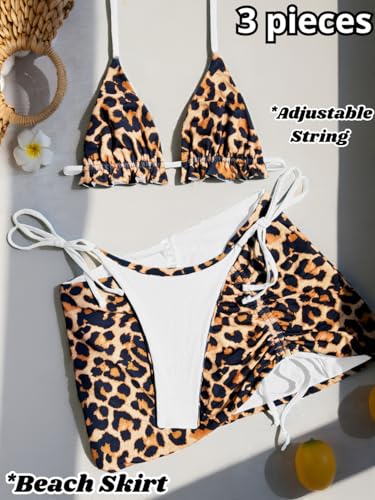 Image of ShawGobow Womens 3 Piece Leopard Bikini Set,Triangle String High Cut Thong Sexy Swimsuit & Coverup Skirt,Pool Party Outfit