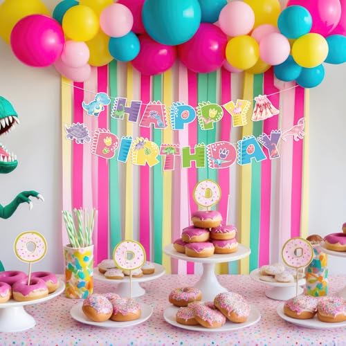 Image of Hooqict Happy Birthday Banner Pink Dinosaur Birthday Decorations Dinosaur Party Banner Garland Sign for Kids Girls 1st 2nd 3rd Dino Themed Birthday Party Decorations Supplies